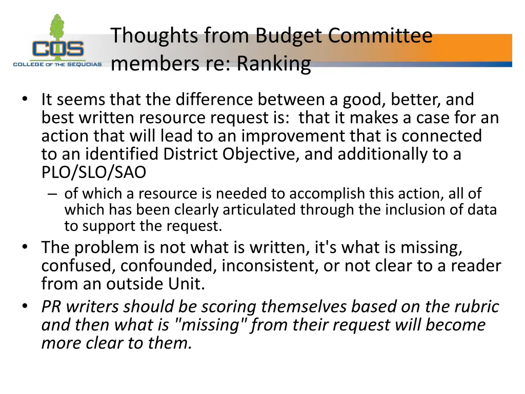thoughts from budget committee members re ranking