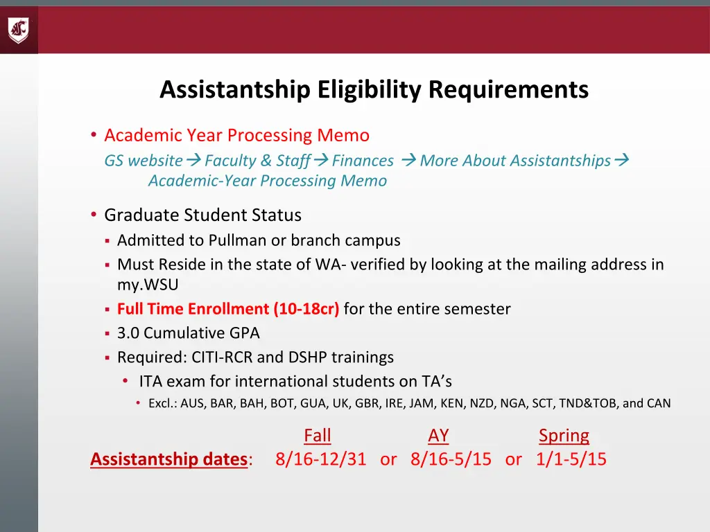assistantship eligibility requirements