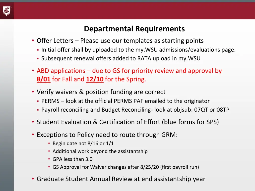 departmental requirements