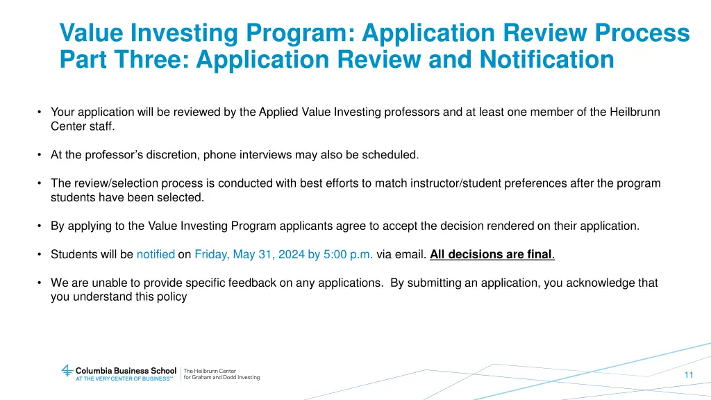 value investing program application review