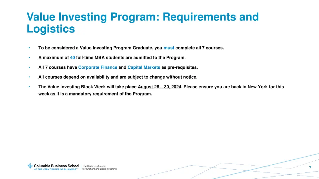 value investing program requirements and logistics