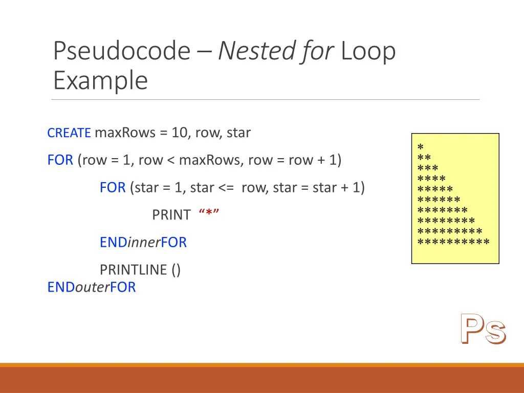 pseudocode nested for loop example