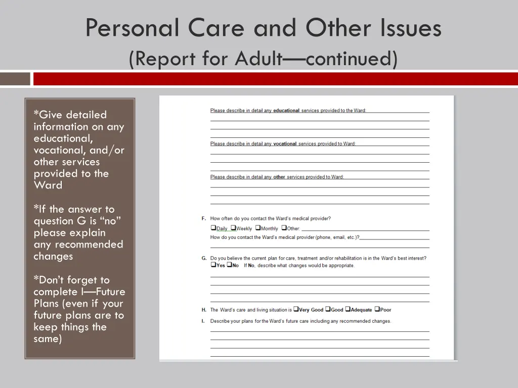 personal care and other issues report for adult 1