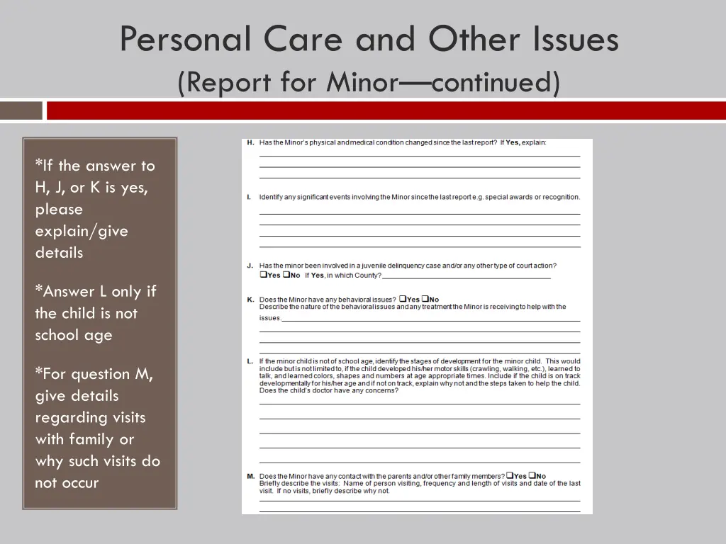 personal care and other issues report for minor 1