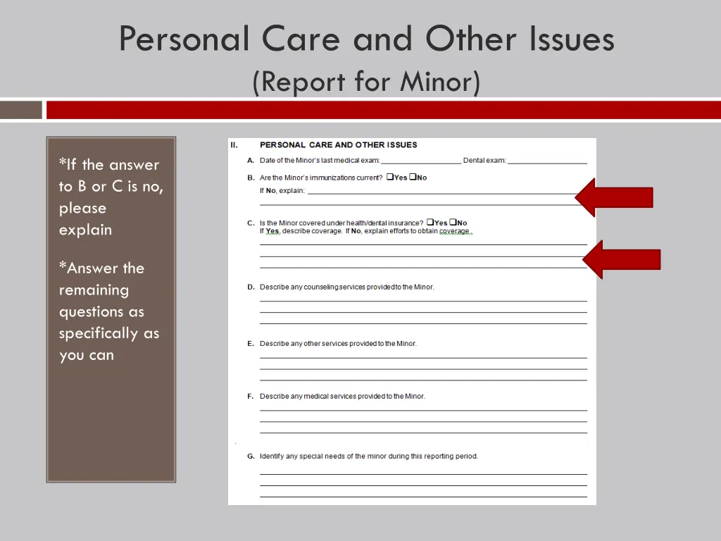 personal care and other issues report for minor