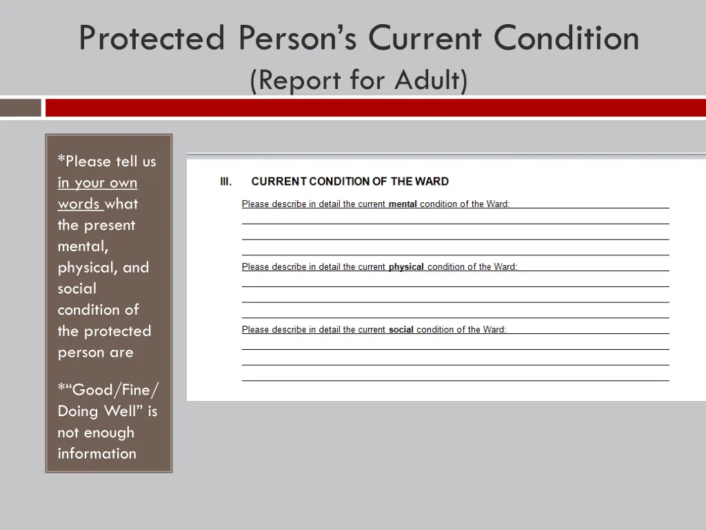 protected person s current condition report