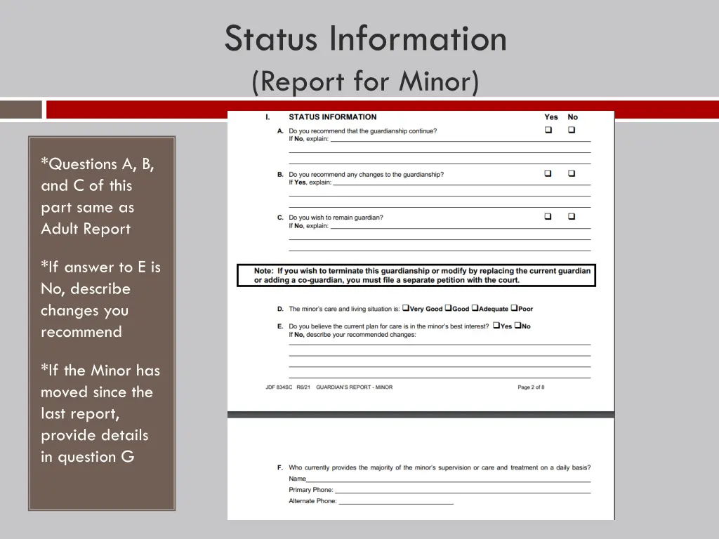 status information report for minor