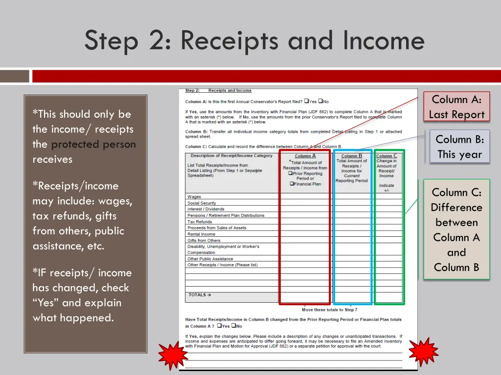 step 2 receipts and income