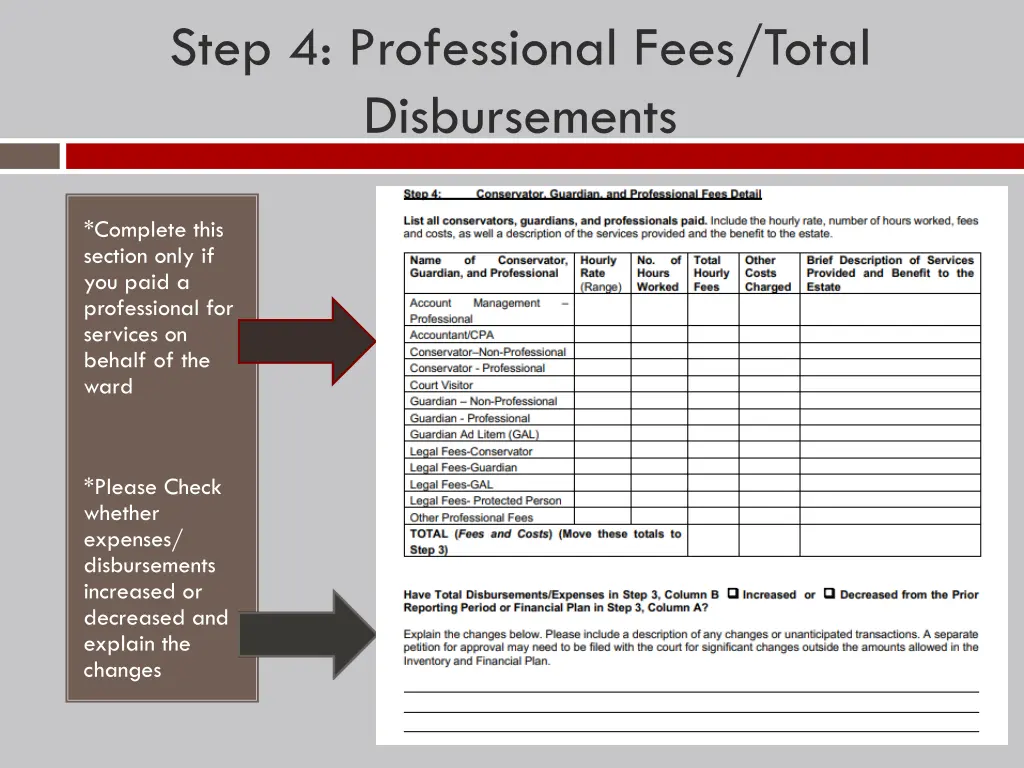 step 4 professional fees total disbursements