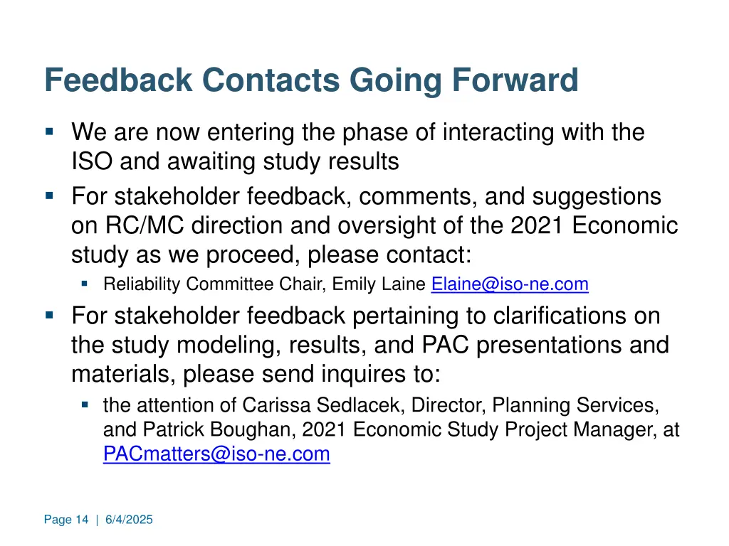 feedback contacts going forward