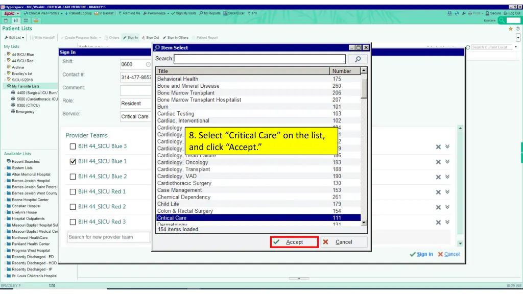 8 select critical care on the list and click