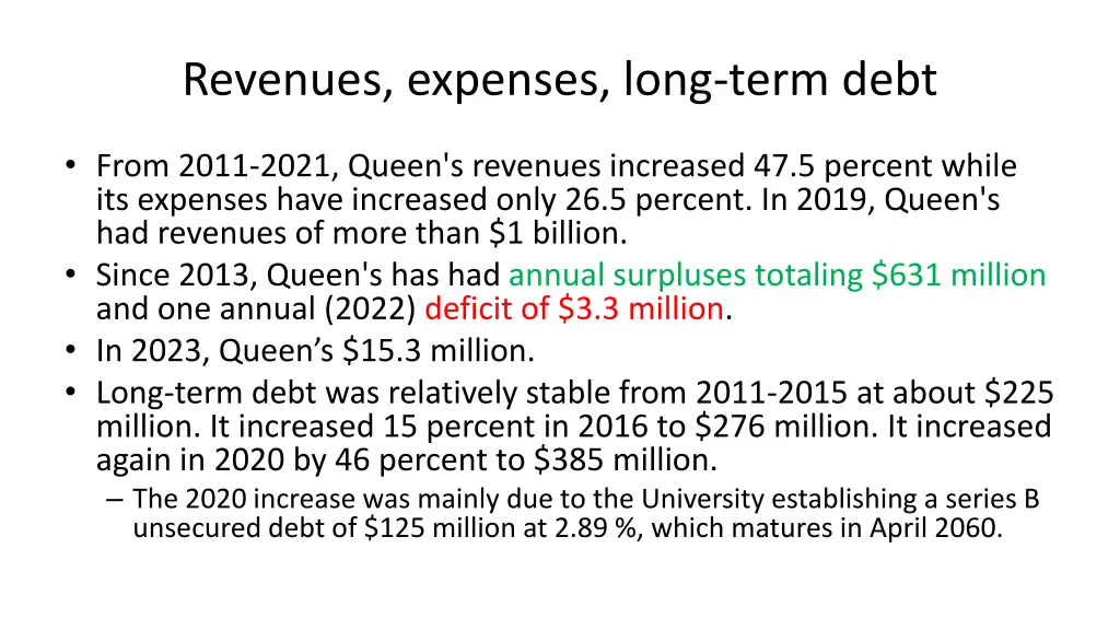 revenues expenses long term debt