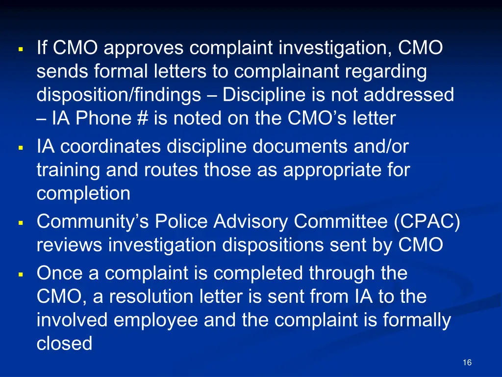 if cmo approves complaint investigation cmo sends