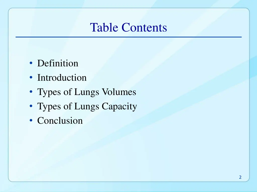 table contents