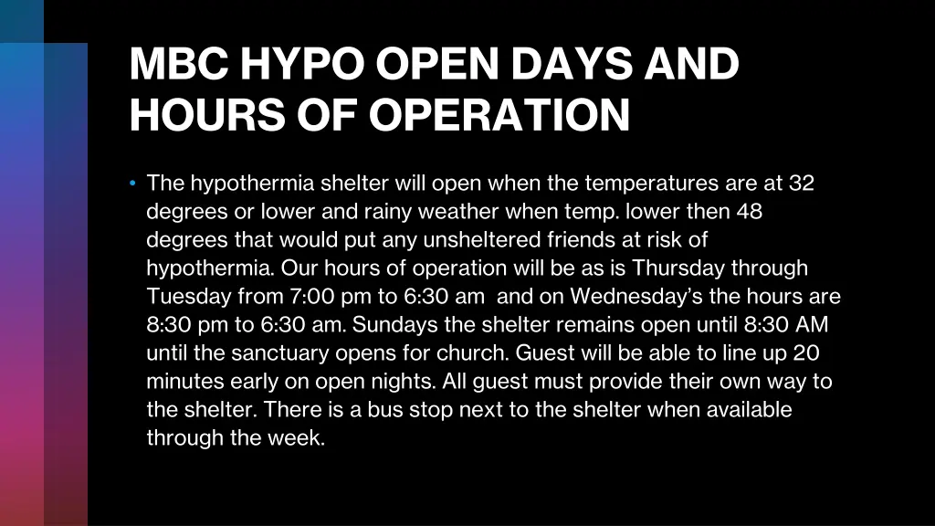 mbc hypo open days and hours of operation