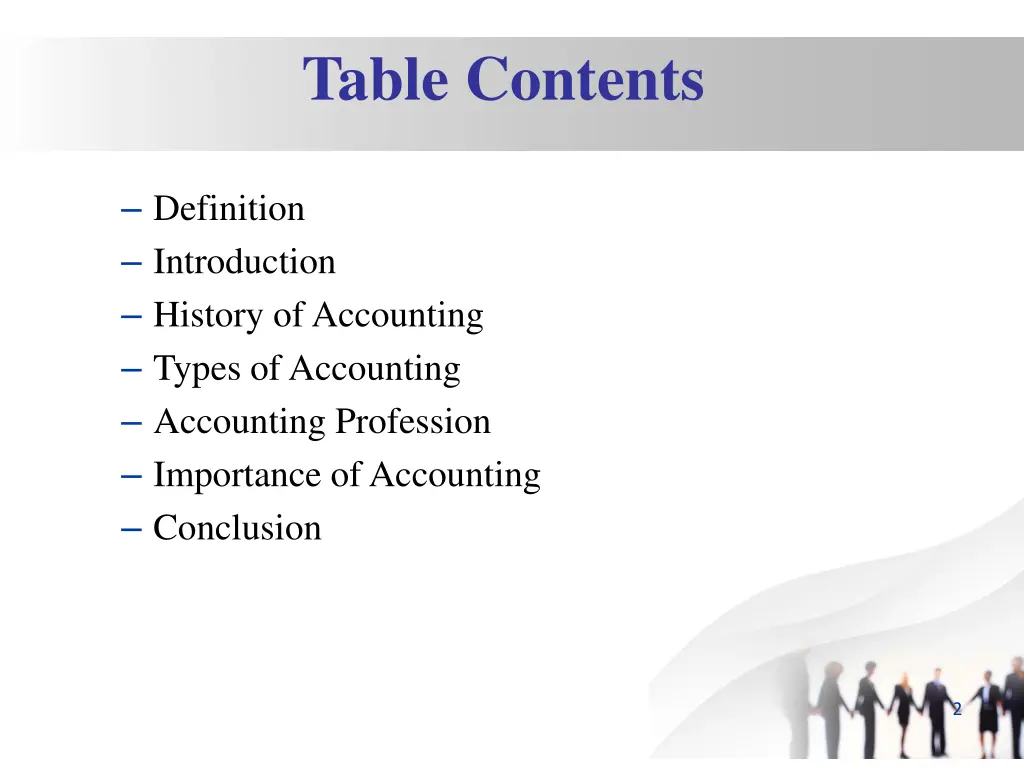 table contents