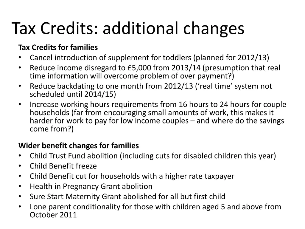 tax credits additional changes