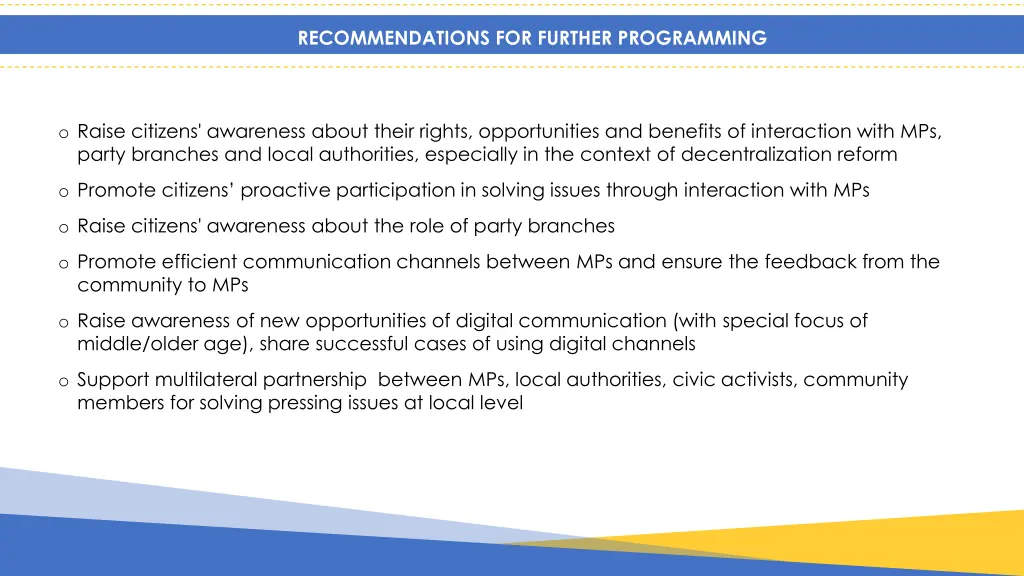 recommendations for further programming