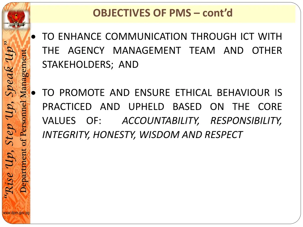 objectives of pms cont d