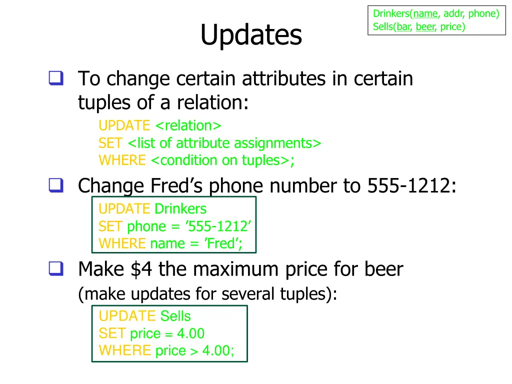 drinkers name addr phone sells bar beer price