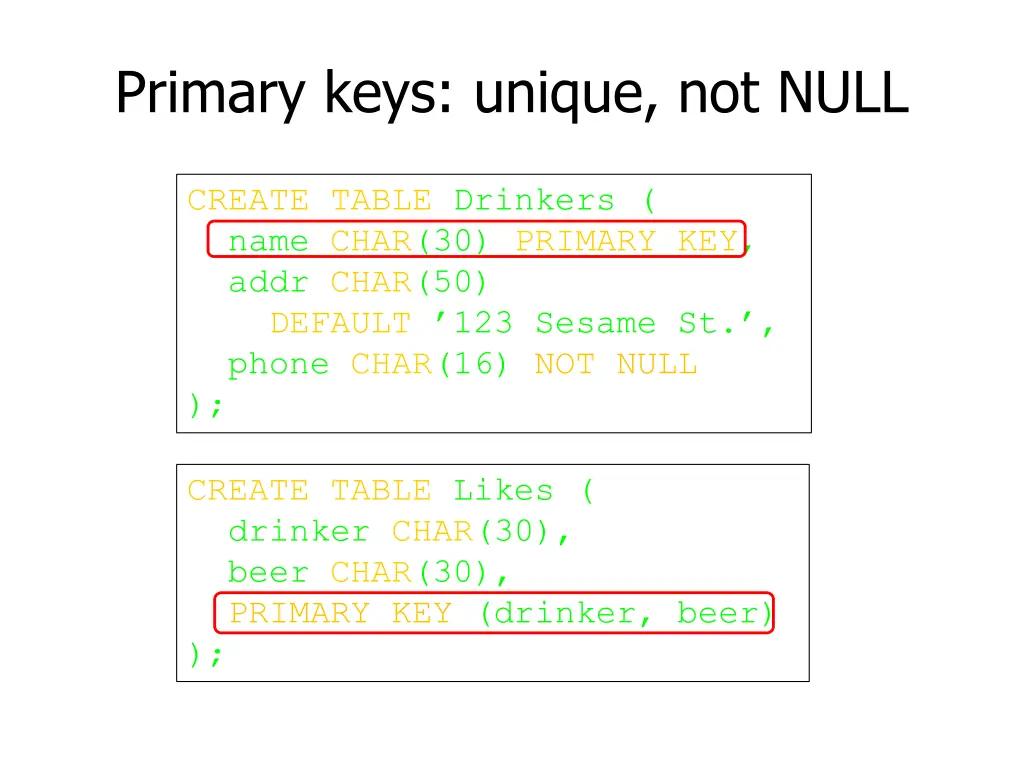 primary keys unique not null
