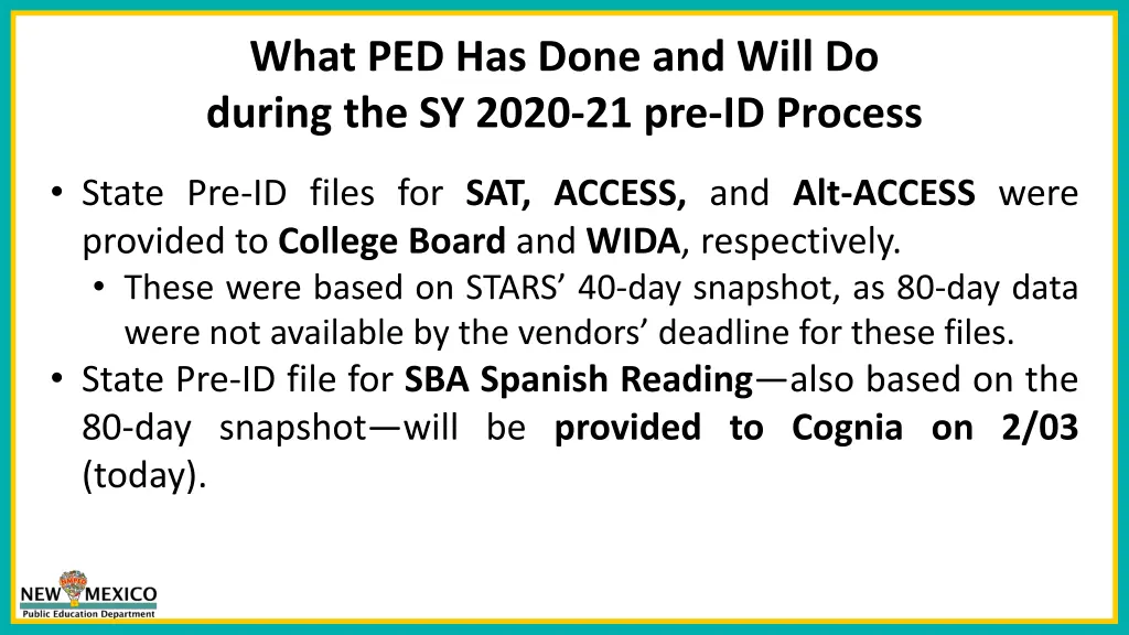what ped has done and will do during the sy 2020