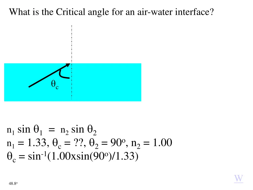 what is the critical angle for an air water