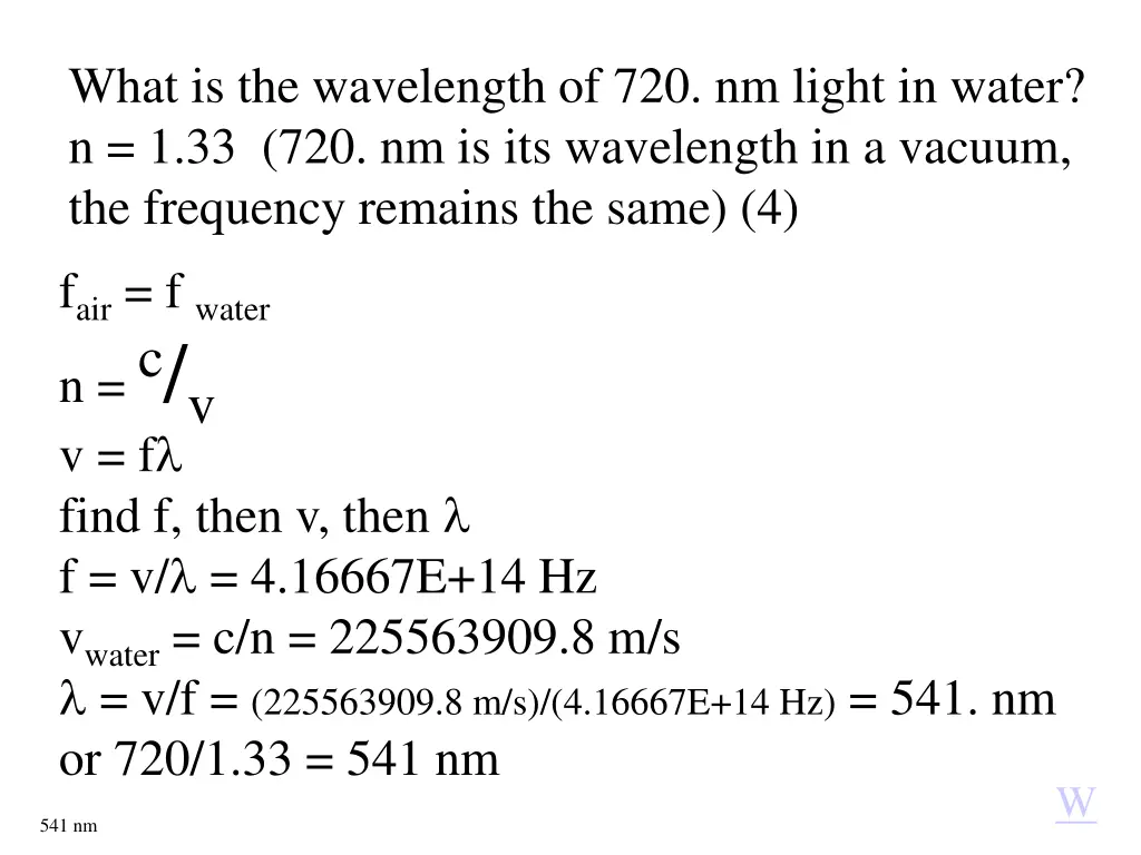 what is the wavelength of 720 nm light in water
