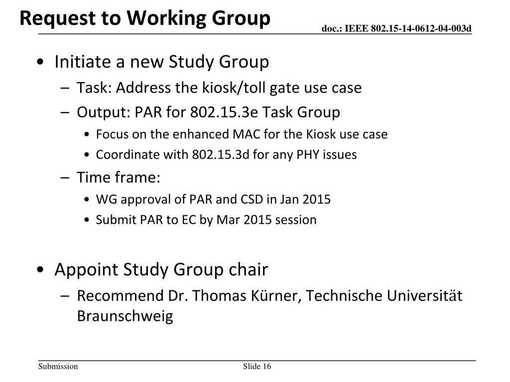 request to working group