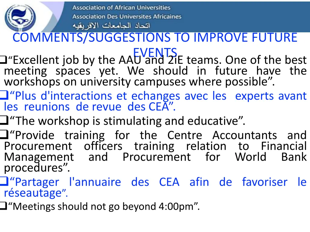 comments suggestions to improve future events