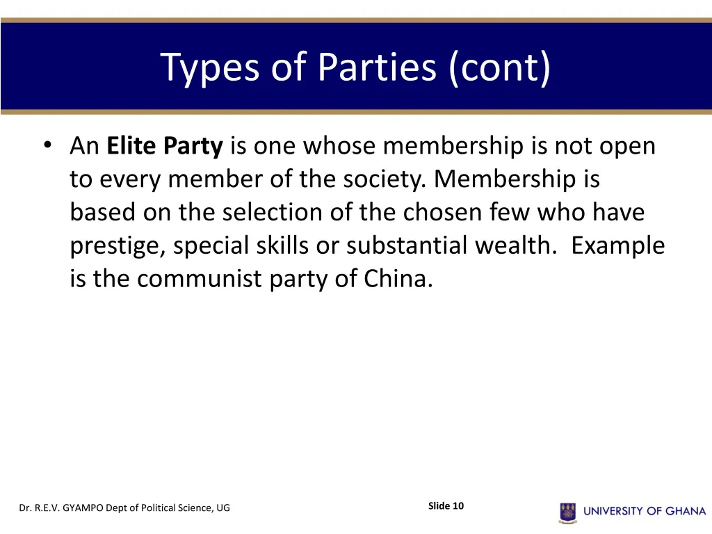 types of parties cont