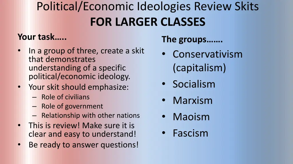 political economic ideologies review skits
