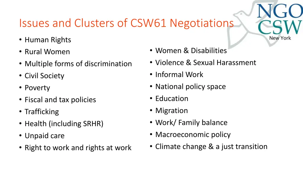 issues and clusters of csw61 negotiations
