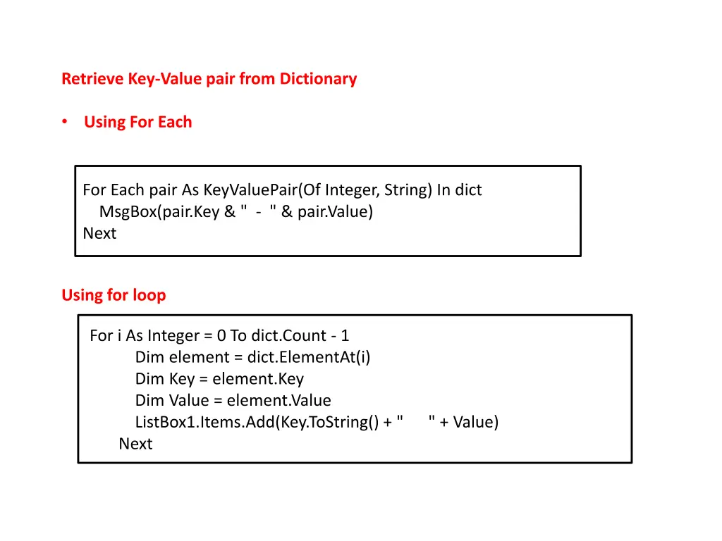 retrieve key value pair from dictionary