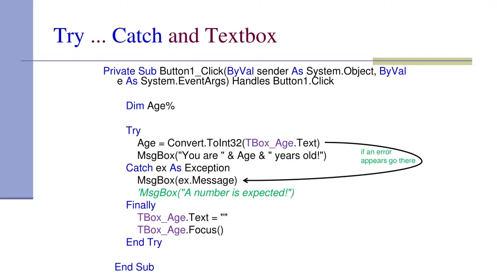try catch and textbox