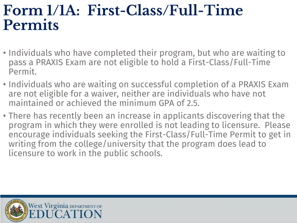 form 1 1a first class full time permits
