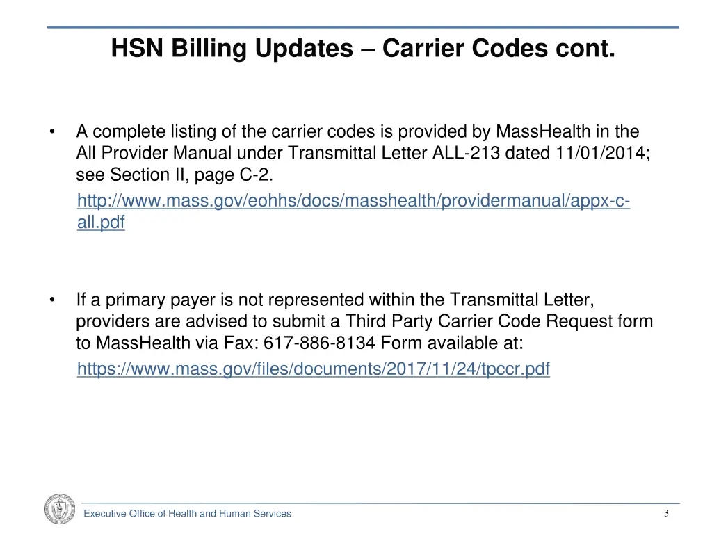 hsn billing updates carrier codes cont