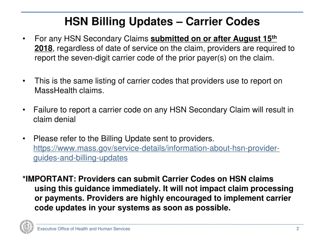hsn billing updates carrier codes