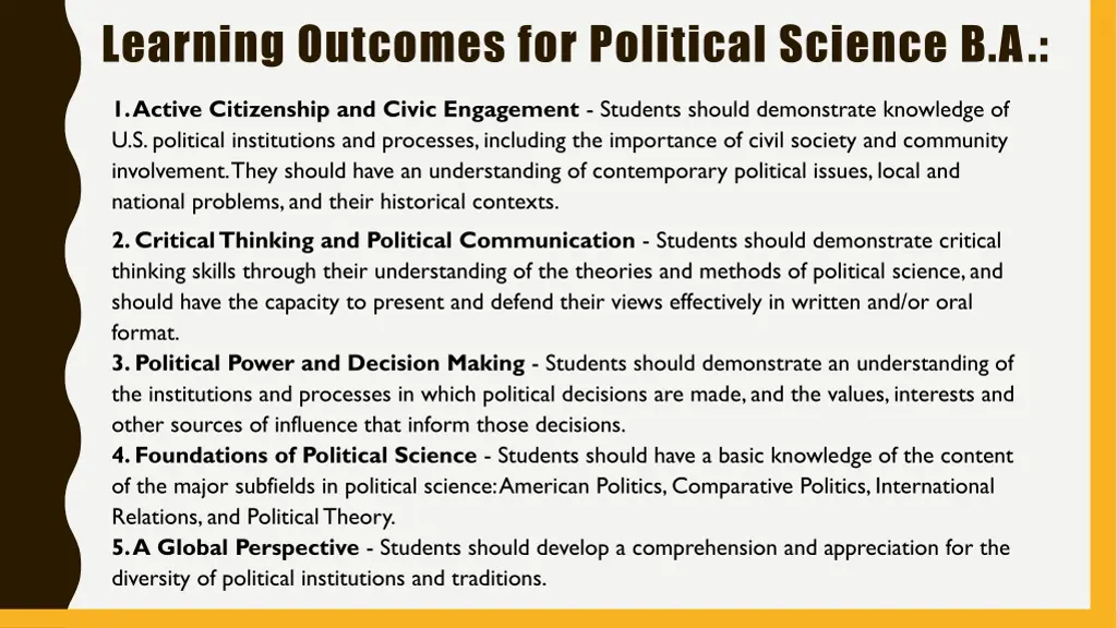 learning outcomes for political science b a