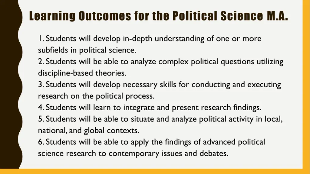 learning outcomes for the political science m a