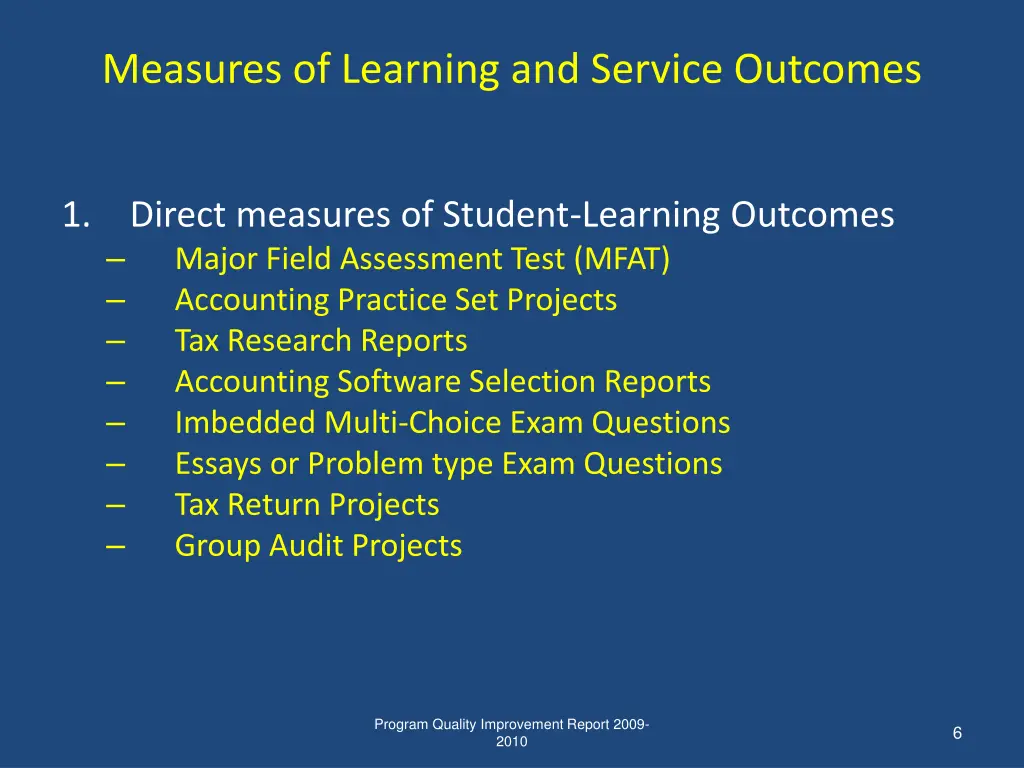 measures of learning and service outcomes
