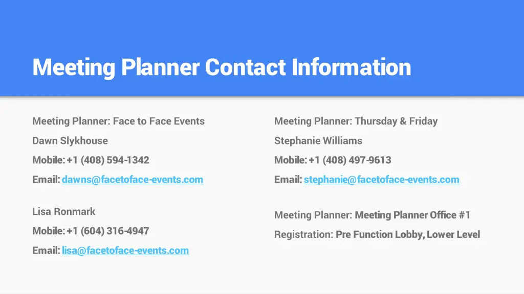 meeting planner contact information