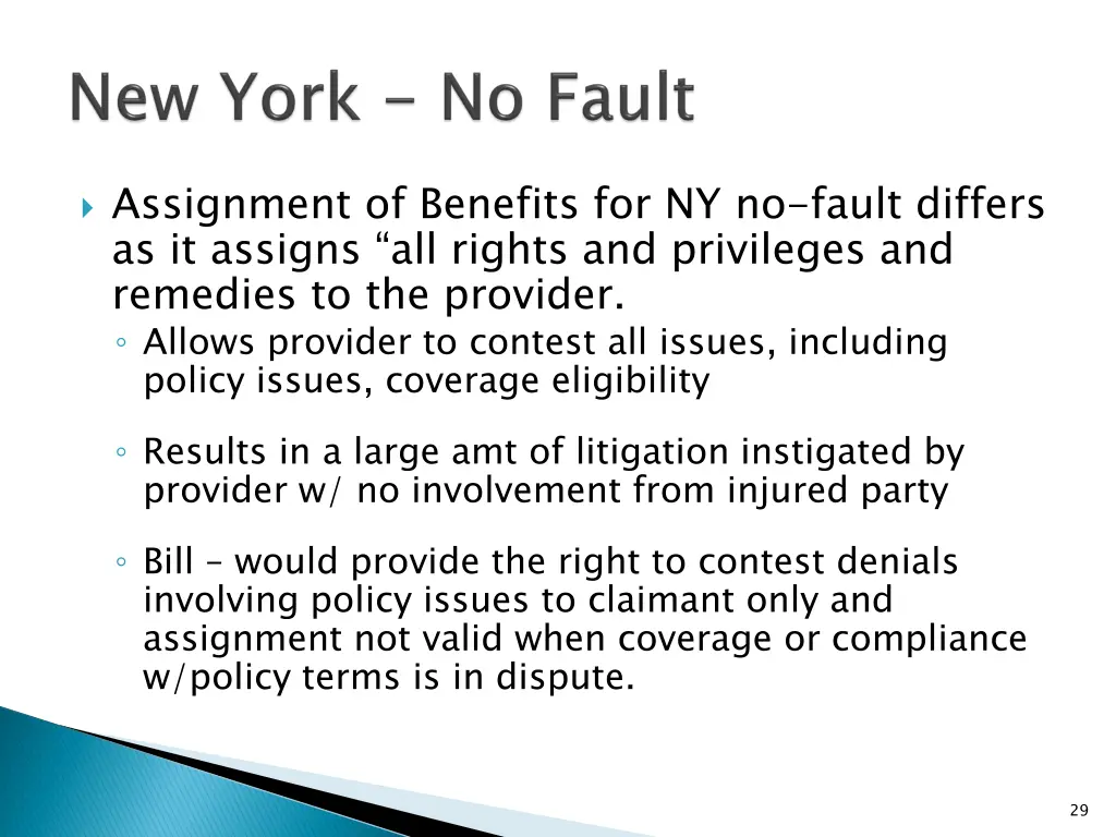 assignment of benefits for ny no fault differs