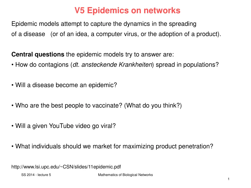 v5 epidemics on networks