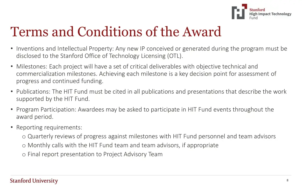 terms and conditions of the award