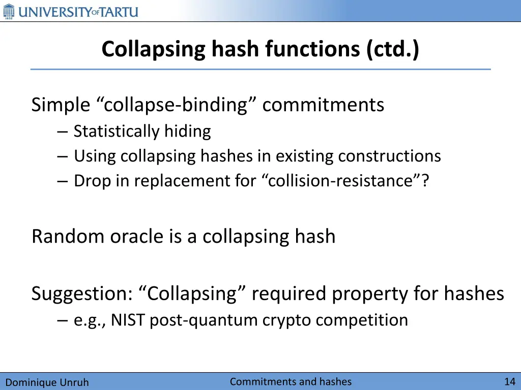 collapsing hash functions ctd