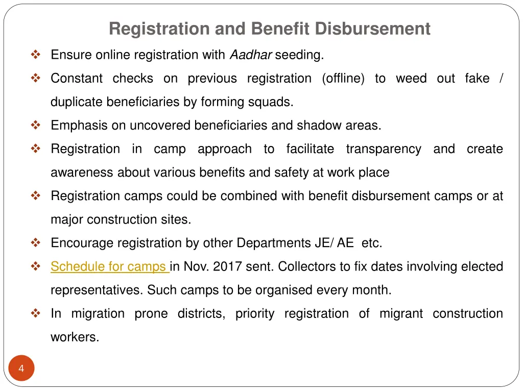 registration and benefit disbursement
