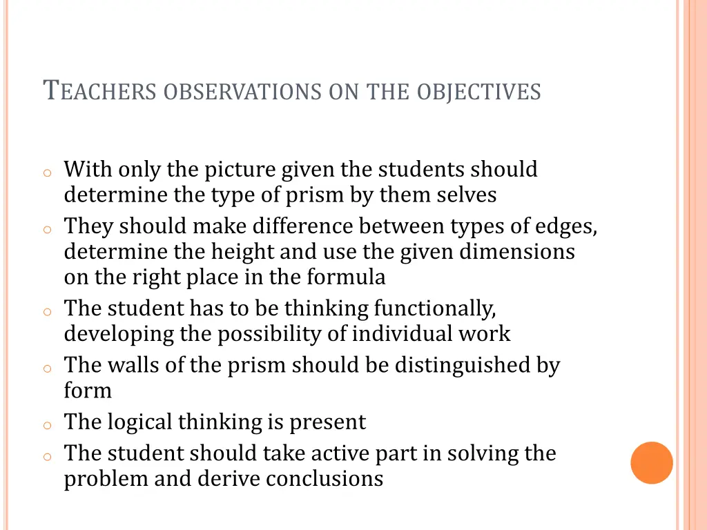 t eachers observations on the objectives 1
