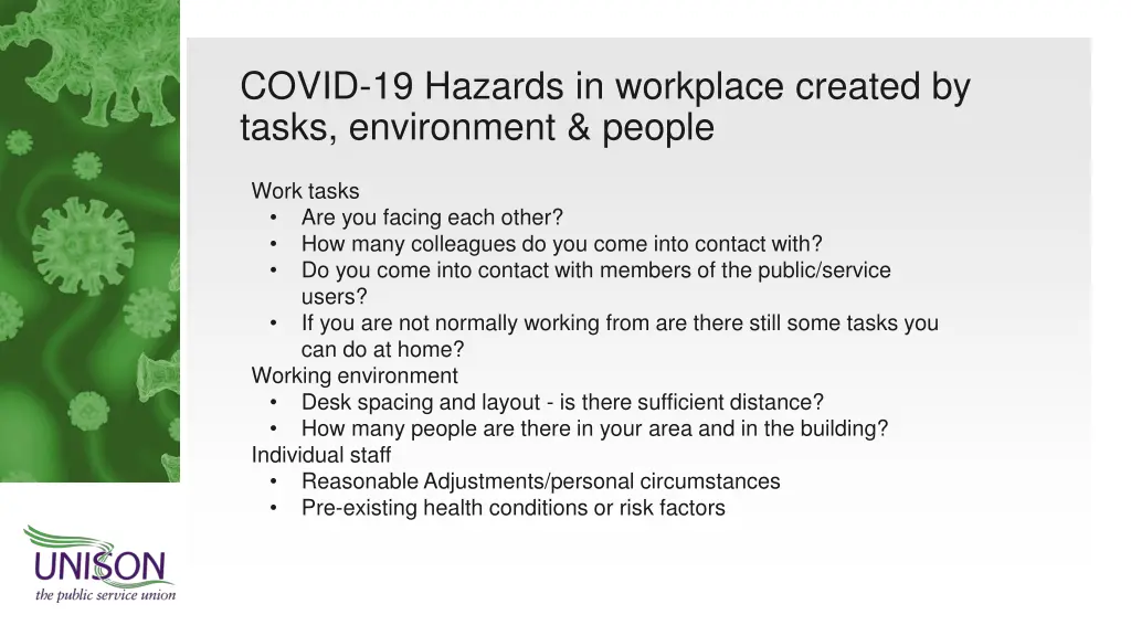 covid 19 hazards in workplace created by tasks