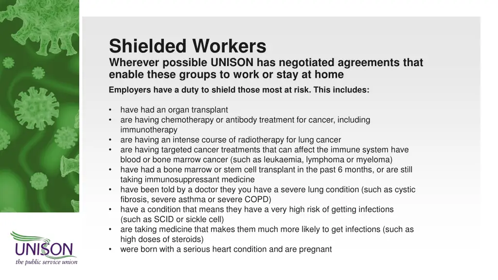 shielded workers wherever possible unison